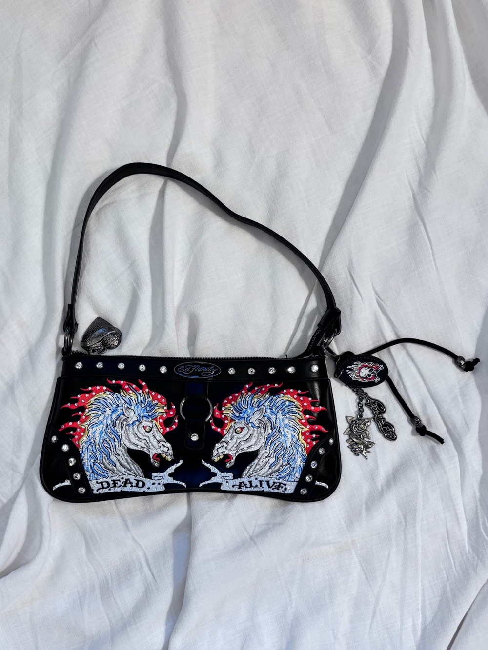 Ed Hardy Dead or Alive Studded Black Leather Shoulder Bag with Horse Graphic